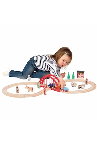 Squirrel Play 35 Parça Ahşap Tren Seti - 208 Cm Ray Uzunluğu - Köprülü Ve Figürlü Eğitici Oyuncak