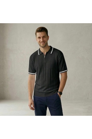 Fermuarlı Polo Yaka Kısa Kollu Triko T-shirt SIYAH