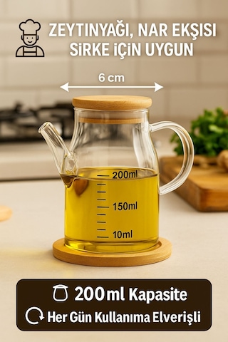 2 Li Cam Yağlık Sirkelik Seti 200 Ml Ölçülü Borosilikat Cam Yağdanlık + Bambu Stand Diğer