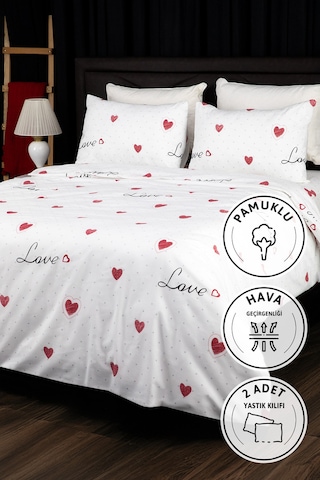 Royal Love Lastikli Çarşaflı Çift Kişilik Nevresim Takımı - Beyaz Beyaz