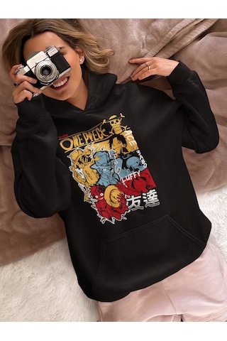 Sevbano Monkey D. Luffy Ace Sabo Baskılı Unisex Oversize One Piece Anime Siyah