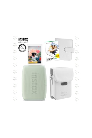 Instax Mini Link 3 Yeşil Akıllı Telefon Yazıcısı Beyaz Çanta Deri Albüm Ve 20'li Mini Film Yeşil