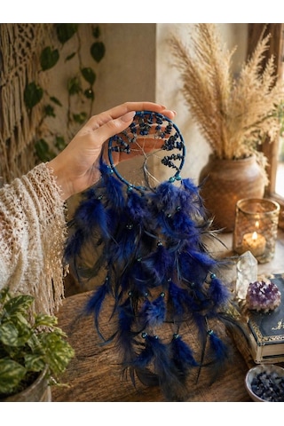 Düş Kapanı Doğal Taşlı Hayat Ağacı Sodalit Taşlı Mavi Dreamcatcher Duvar Süsü Rüya Kapanı