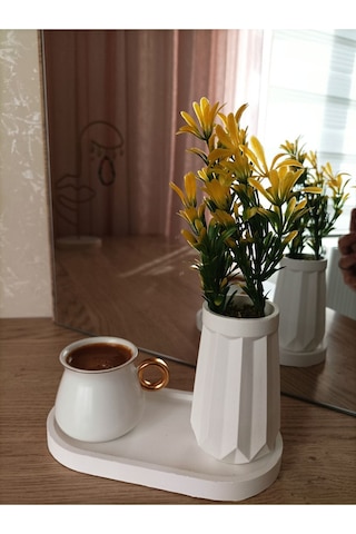 Mini Düz Desenli Beton Saksı Tekli Ve Oval Tabak - Yapay Çiçek Hediyeli - Yeşil