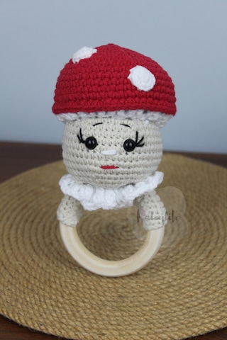 Aleylife Amigurumi Organik Mantar Çıngırak Diş Kaşıyıcı Bej - Kırmızı