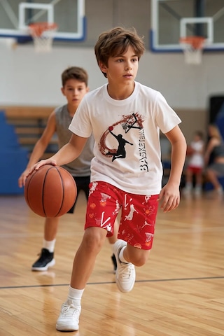 Zuzunga Erkek Çocuk Basketbol Baskılı Tişört Ve Şort 2 Li Takım Kırmızı Beyaz Kırmızı - Beyaz