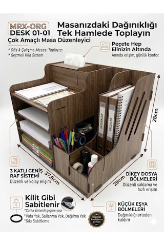 Mrx-org Desk 01 Masaüstü Organizer Peçetelikli Çok Amaçlı Masa Düzenleyici, Raflı Dosyalık Ceviz