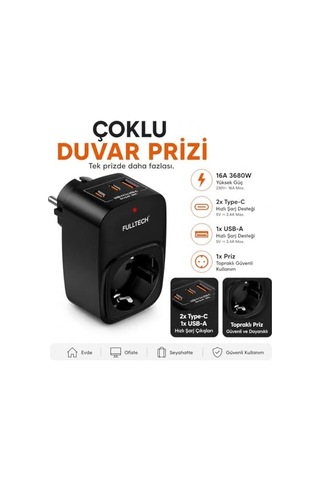 Akım Korumalı Priz, Tekli Priz, Usb Li Priz Ve Type-c Priz, Priz Çoklayıcı, Voltaj Korumalı Priz, 16a 3680w Duvar Tipi Siyah