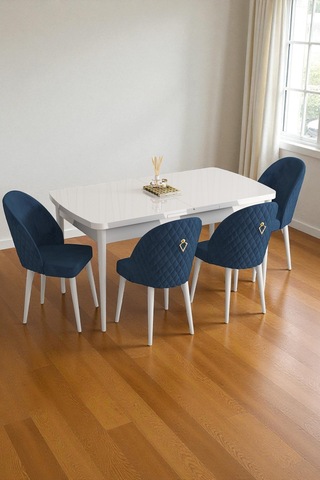 Mura Beyaz 80x132 Açılabilir Mdf Masa Yemek Odası Takımı, Mutfak Takımı 4 Adet Sandalye Lacivert