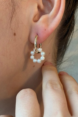 3-4,5 Mm Büyük Halka Geçirmeli Charm Doğal İnci Küpe Gold