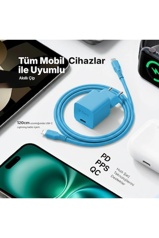 Ttec Smartcharger Gan 20W PD Seyahat Hızlı Şarj Aleti + USB-C - Lightning 120 CM Kablo Neon Mavi