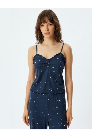 Koton Askılı Fitilli Pijama Üstü Yıldız Baskılı Fırfır Ve Düğme Detaylı Lacivert Desenli 5wlk90016mk Lacivert Desenli