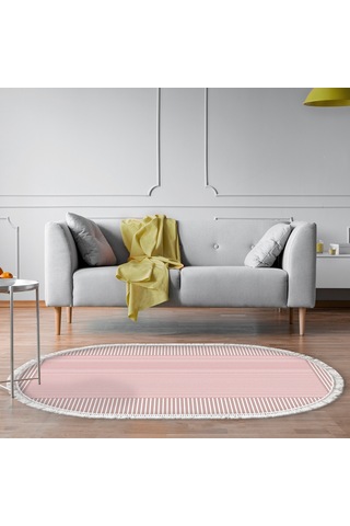 Dijital Kaymaz Yıkanabilir Banyo Mutfak Salon Paspas Halısı Trend Saçaklı Oval Al4023 Pembe