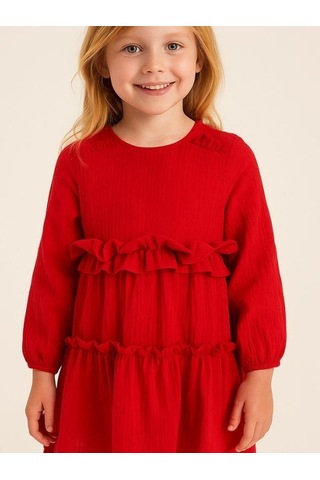 Kız Çocuk Pamuklu Mevsimlik Astarlı Fırfırlı Bol Elbise-14441 Kırmızı