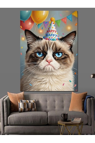 Doğum Günü Şapkalı Grumpy Cat Dekoratif Kanvas - Mdf Ahşap Tablo