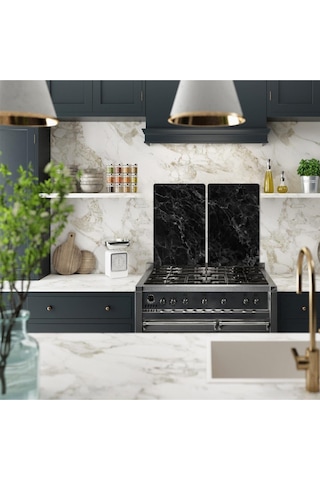 Dekoratif Cam Ocak Koruyucu ve Kesim Tablası Siyah Mermer 60Cm X