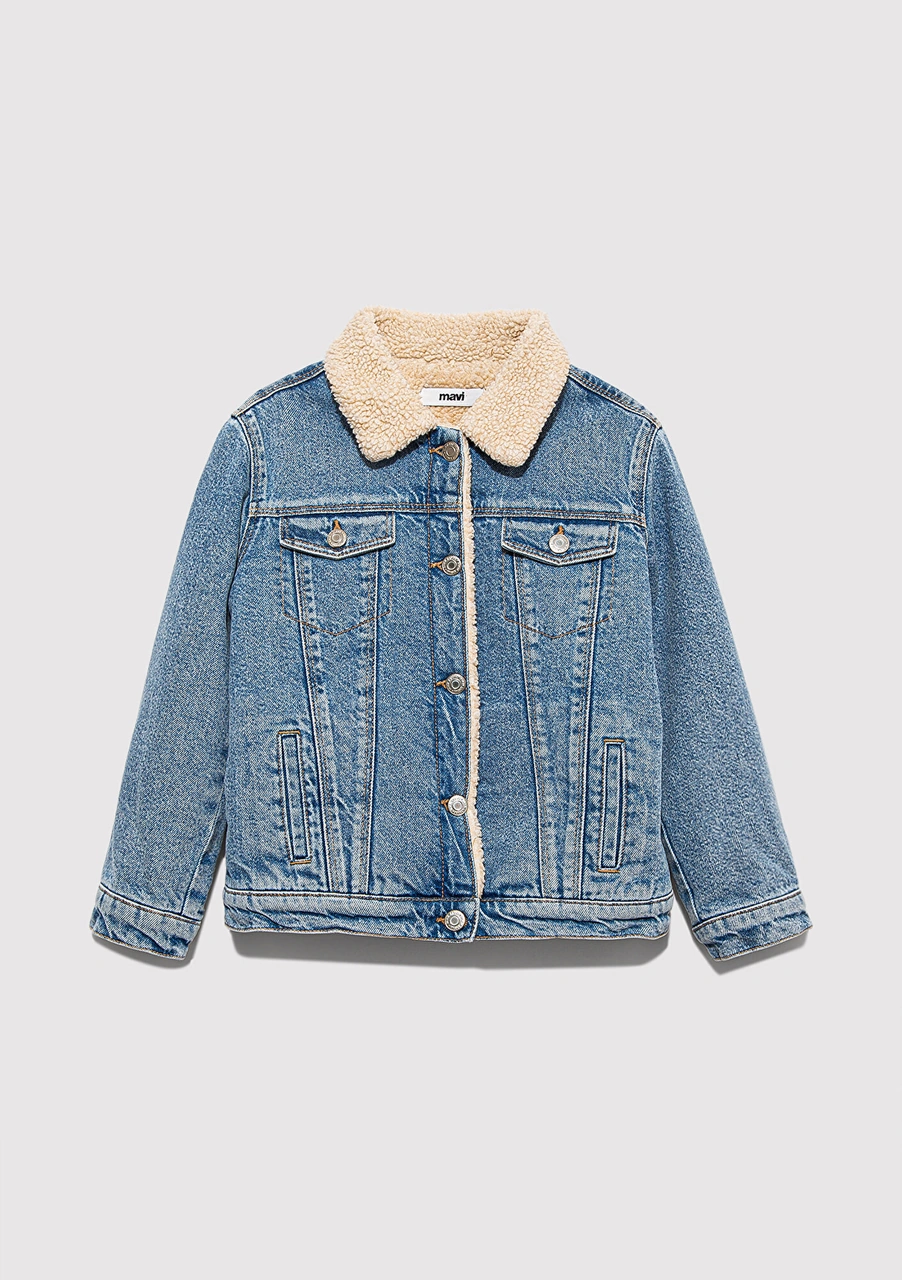Mavi - Atlas 90lar Suni Kürklü Açık Mavi Jean Ceket 6111403-90875 Mavi