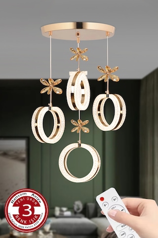3 Renk Kumandalı Gold Kasa Yüzük Led Avize 4 Lü Modern Ledli Aviz