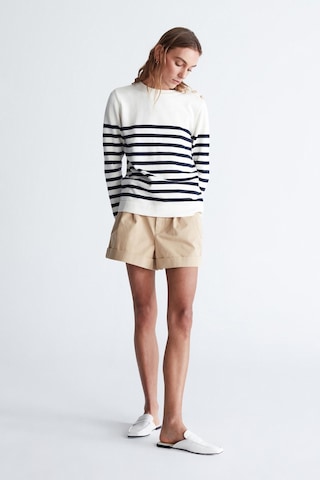 Styleboom X Peraluna Bardot Pullover Omzu Düğmeli Çizgili Organik Pamuk Mevsimlik Kadın Triko Kazak Ekru/lacivert-ekru Ekru