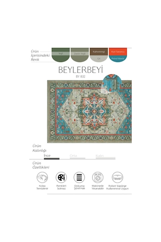 Cool Halı Beylerbeyi By 832 Yeşil Halı Etnik Desenli Otantik Ev Salon Halısı Yıkanabilir Şönil Halı