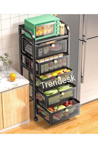 Trendesk 5 Katlı Metal Siyah Çekmeceli Tekerlekli Sebze Meyve Sepeti Mutfak Organizer Düzenleyici
