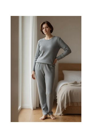 Feg Store %100 Pamuk Gri Yumuşak Dokulu Fitilli Uzun Kollu Kadın Pijama Takımı