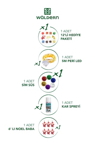 Waldern 120 CM Yılbaşı Çam Ağacı ve Süsleri (Kar Spreyi + 12 Parça Süs + 1 Sim Süs + 5 M Led Işık)