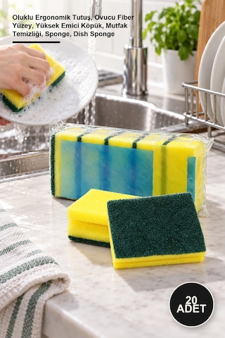 20 Adet Bulaşık Süngeri Oluklu Ergonomik Tutuş, Ovucu Fiber Yüzey, Yüksek Emici Köpük, Mutfak Temizliği, Sponge, Dish Sponge