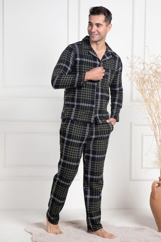 Mecit Pijama Mecit 2950 Erkek Yeşil Ekoseli Büyük Beden Kışlık Pijama Takımı Yeşil