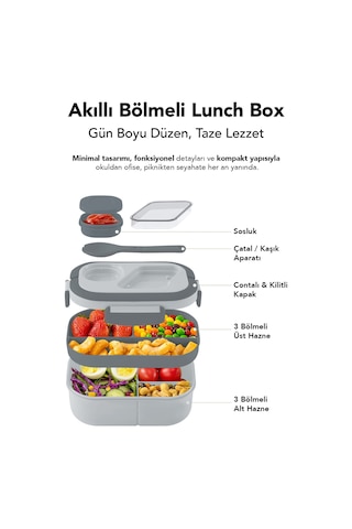 Bondie Kilitli Kapak Yemek Kabı - 2 Katlı Bölmeli Kaşık Ve Sosluklu Lunch Box Beslenme Kutusu Gri