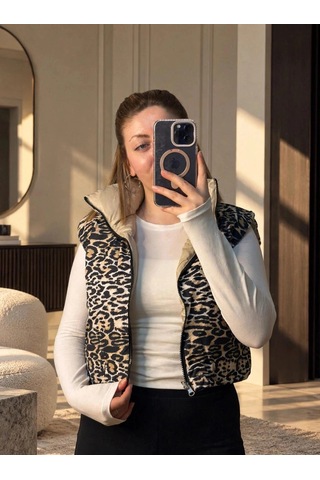 Elora Atelier Çift Taraflı Leopar Desenli Şişme Yelek Bej-leopar