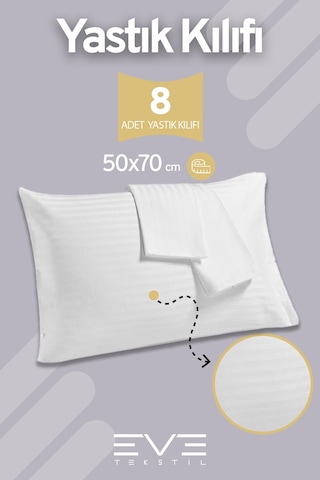 Eve Tekstil 8 Adet Çizgili Pamuk Saten Antibakteriyel Fermuarlı Yıkanabilir Otel Lüks Yastık Kılıfı 50x70cm Beyaz