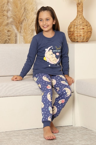 Kız Çocuk %100 Pamuk İnterlok Kumaş Pijama Takımı 6-15 Yaş 12421 Indigo