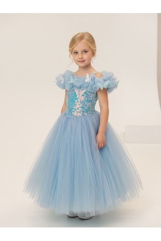 Zekids Kız Çocuk Kelebek Detaylı Tül Abiye Elbise-17246 Mavi