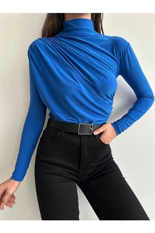 Kadın Büzgü Detaylı Dik Yaka Sandy Bluz Saks