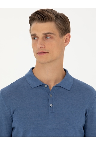 Cacharel Koyu Mavi Slim Fit Polo Yaka Basic Triko Kazak