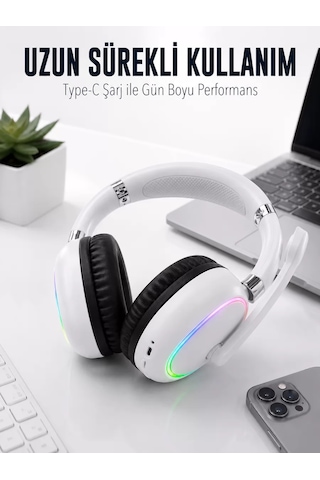 Northcity Beyaz Bluetooth 5.0 Mikrofonlu Kablosuz Kulak Üstü Kulaklık Rgb Işıklı Type-c Şarjlı