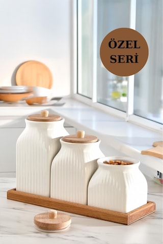 4'lü Standlı Vakumlu Ahşap Kapaklı Beyaz Kavanoz Seti Takımı Baharat Çay Tuz Şeker Kahve Kavanozu Beyaz - Kahverengi