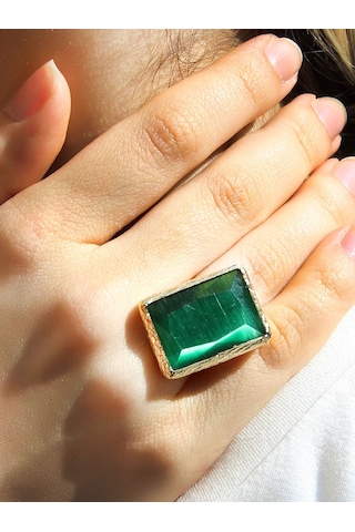 Kedi Gözü Cam Kadın Ayarlanabilir Altın Kaplama Yüzük Koyu Yeşil Euy69ky Yeşil
