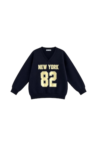 Vadon 1046 Kadın V Yaka New York Baskılı 3 İplik Pamuklu Sweatshirt Lacivert