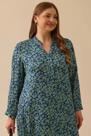 Galaxi Kadın Büyük Beden Düğmeli Çiçek Desenli Uzun Elbise 4001 Yeşil Yeşil