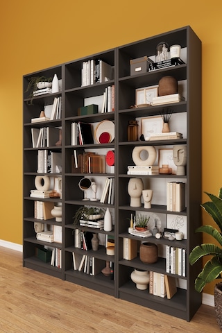 Asra Trend K-27 %100 MDF 180 cm 3 Modüllü Kitaplık 21 Raflı Dev Kütüphane Koyu Gri
