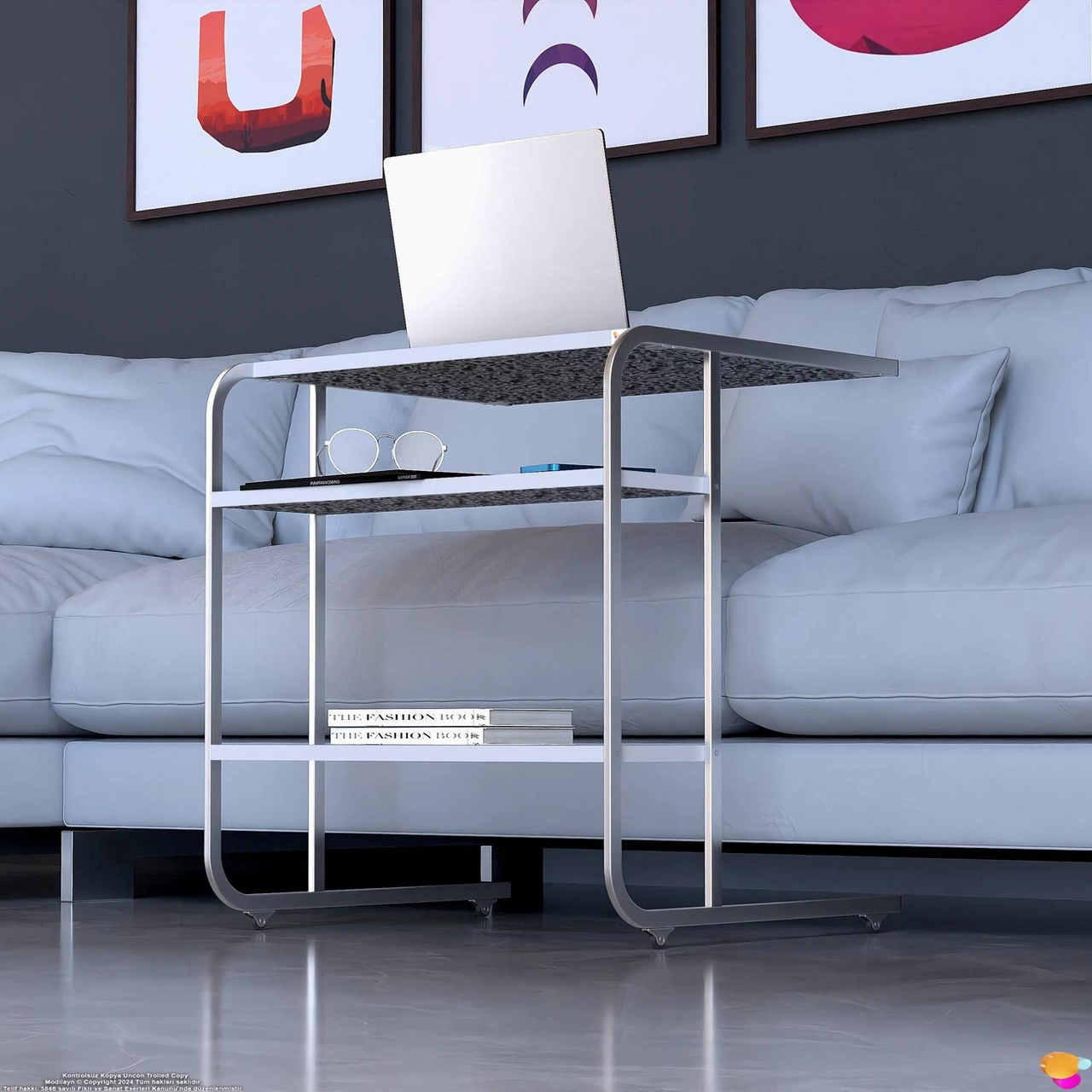 Modilayn C Yan Sehpa Geniş Boy Tekerlekli Çalışma, Atıştırmalık, Yemek, Laptop Sehpası Siyah Desenli Siyah