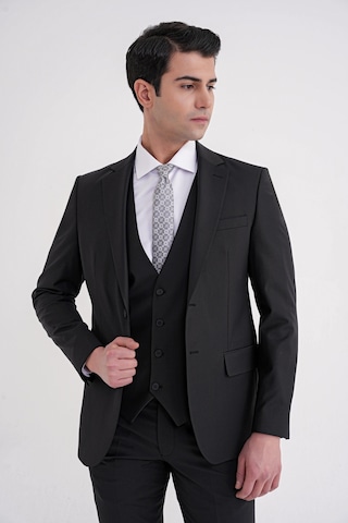 Efor Slim Fit Çift Yırtmaç Dokulu %97 Yün Esnek Siyah Yelekli Klasik Takım Elbise Tk 936 Siyah