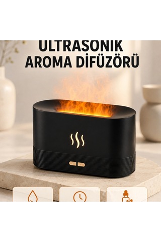 Ultrasonik Aromaterapi Difüzörü 180 Ml Hazneli Dekoratif Alev Efektli Nemlendirici