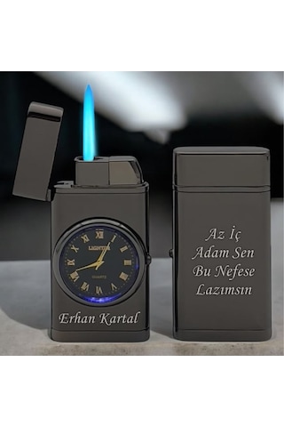 Kişiye Özel Çift Yön Baskı Turbo Jet Işıklı Saatli Çakmak -kutulu Ve Hediye Paketinde