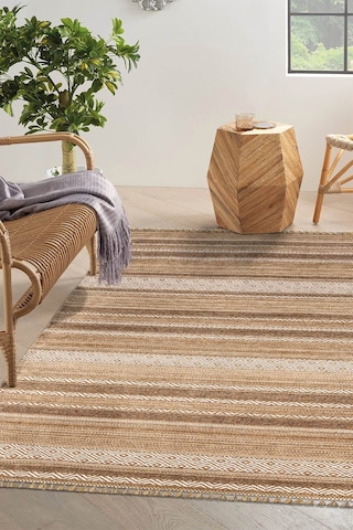 Ekru Renkli Kaymaz Tabanlı Yıkanabilir Makine Dokuma Kilim-204 Sarı