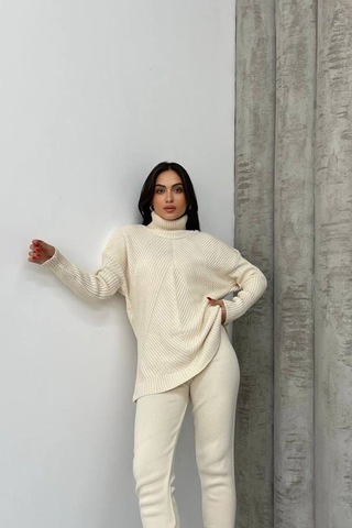 Neşeli Butik Kadın Bej Fitilli Balıkçı Yaka Alt Üst Triko Takım Nbdm1215