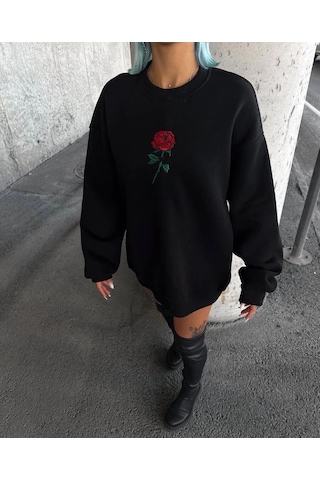 Mbb E-ticaret Kadın Oversize Kapüşonlu Cepli Gül Baskılı 3 İplik Pamuklu Hoodie Sweatshirt - Siyah