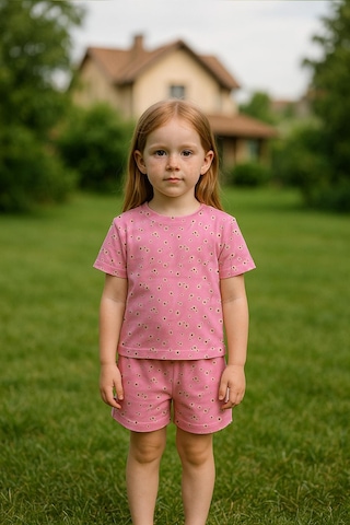 Kız Çocuk %100 Pamuklu Çiçek Desenli Şortlu Takım 3-4 Yaş -8-9 Yaş Pembe